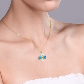 Gem Stone King 18K Yellow Gold Plated Silver White Opal and Swiss Blue Topaz 4 Heart Shape Gemstone October Birthstone Pendant Necklace For Women (3.40 Cttw, 6MM Heart, with 18 Inch Silver Chain)