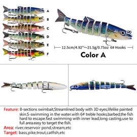 RoseFlower 6 Pcs Lures Set - 8 Segments Multi Jointed Swimbaits, Slow Sinking Fishing Lures for Freshwater & Saltwater, Ideal Accessories for Fly, Sea Fishing