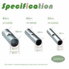 Surriba Butt Connectors Uninsulated Set of 200 Butt-Connectors, Cable Crimp Connection Cable Ferrule, Notch Connector for DIY Electrical Splicing 16 mm2