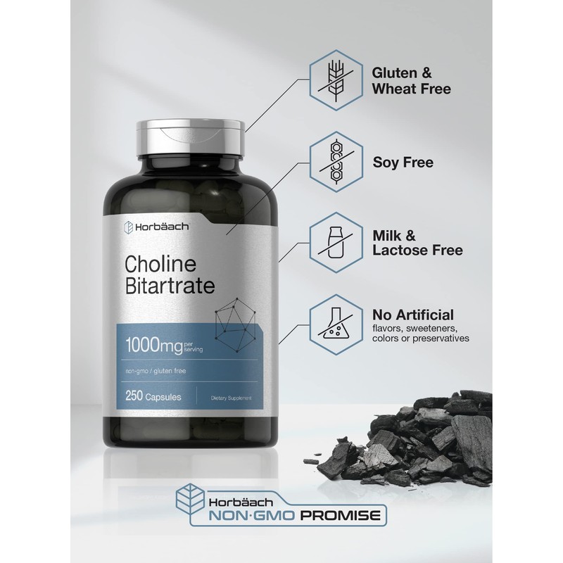 Horbaach Choline Bitartrate Supplement | 1000mg | 250 Capsules |