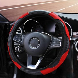 Non-Slip Enhanced Grip Steering Wheel Cover,Textured Microfiber Leather with Cooling Holes,Fit for Most Cars,Anti-Sweat Heat-Resistant Vehicle Autos:_red