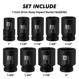 CASOMAN 1-Inch Drive Spindle Axle Nut Impact Socket Set, Deep, 1" to 2", 9PCS Impact Large Socket Set, 6-Point, SAE, CR-MO