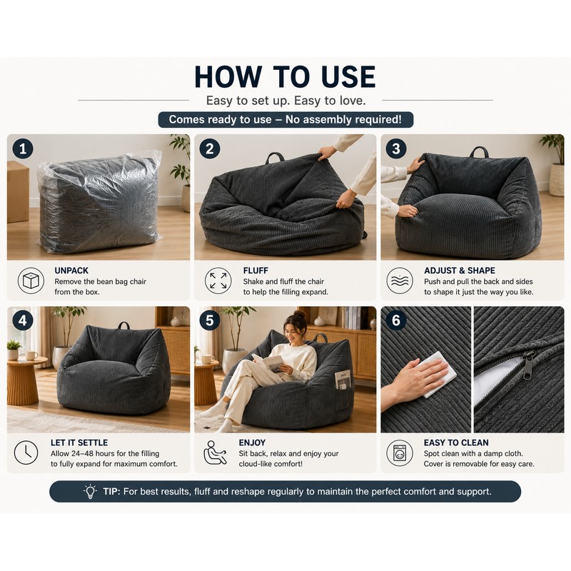 Dark Grey Bean Bag Chair with Handle, Floor Sofa for