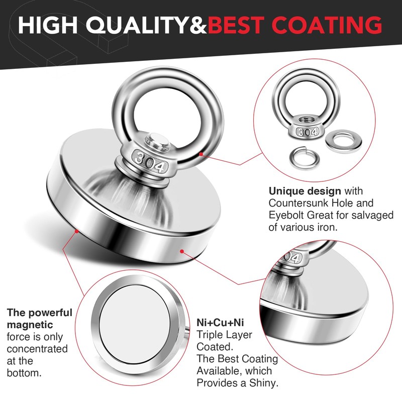 DIYMAG Strong Neodymium Fishing Magnets, 200 Lbs(91 KG) Pulling Force