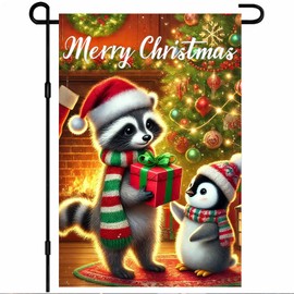 BlissYard Christmas Animal Garden Flag 12x18 Inch Raccoon and Penguin Gift Scene Outdoor Yard Flag Double Sided Welcome Holiday Banner with Fireplace Tree and Lights for Porch Lawn Patio