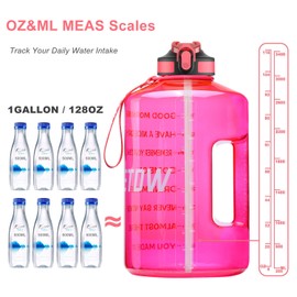 ETDW Gallon Water Bottle Jug witth Straw Cleaning Brush, 128oz Large Water Jug with Time Marker and Handle Leakproof Pink