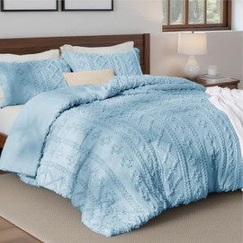 3-Piece Elegant Tufted Farmhouse Boho Comforter Set Queen Size Pretty Dusty Blue Color | Eclectic Bohemian Plain Weave Geometric Patchwork Pattern | 3D Textured Durable Soft Shabby Chic Bedding Set