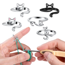 MARFOREVER 5 Pcs Crochet Rings Cat Crochet Tension Ring, Adjustable Crochet Tension Loops for Fingers Yarn Guide Knitting Crochet Accessories with Box for Mom Grandma Women