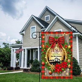 BlissYard Jesus is The Reason for The Season Christmas Garden Flag 12x18 Inch Decorative Pine Leaf Garland Garden Flag Double Sided Red Green Checkered Yard Flag Home Outdoor Lawn