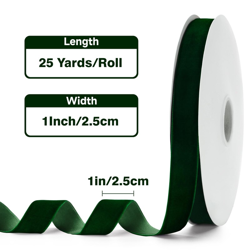 KINGLAKE 25mm Dark Green Velvet Ribbon for Gift Wrapping, 25