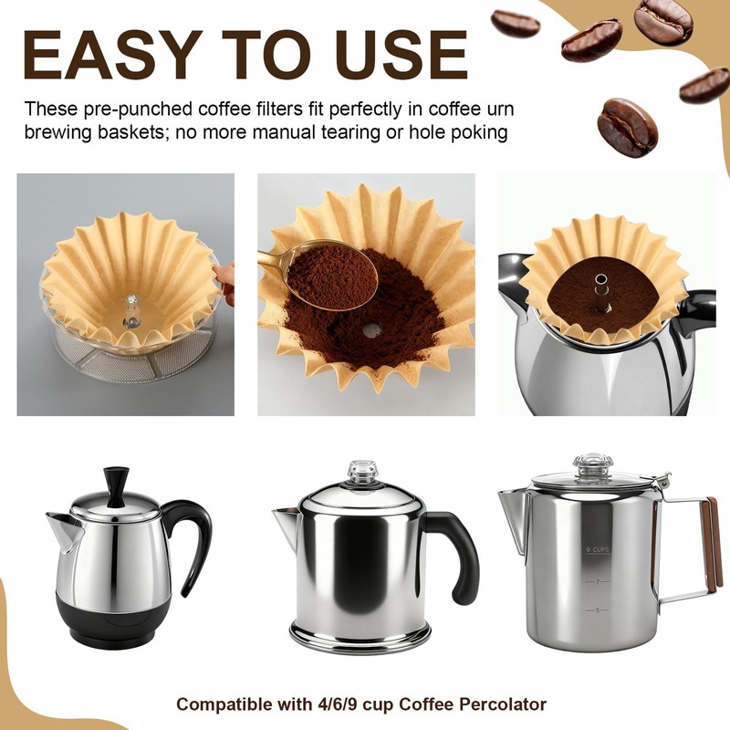 100 Pcs Coffee Filters Pre-punched for Percolator, Brown, 30 Cup