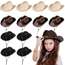 Hercicy 12 Pcs Kids Cowboy Hat Cowgirl Western Hat for Boys and Girls Dress Costume, Bachelor Party Supplies (Beige,Black,Dark Brown)