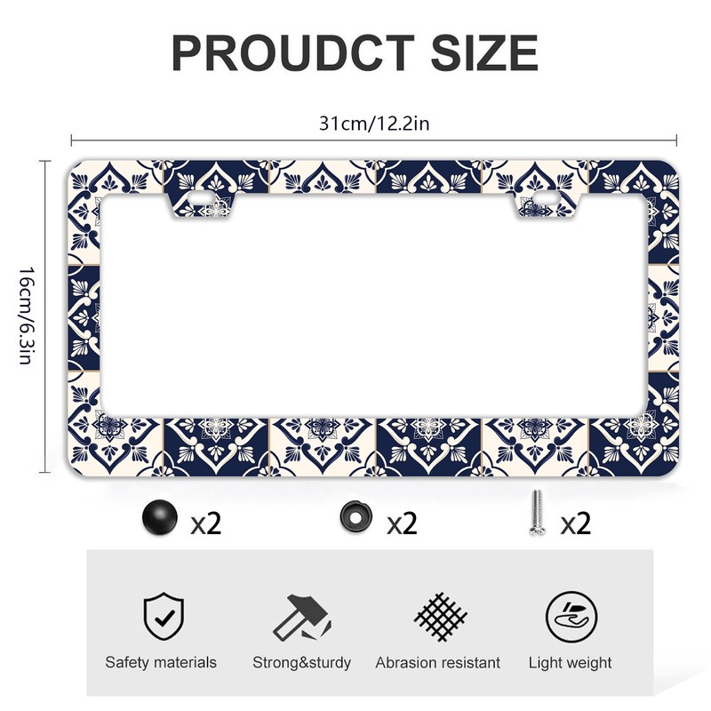 Mexican Tiles Print Boho License Plate Frame Stainless Steel Metal
