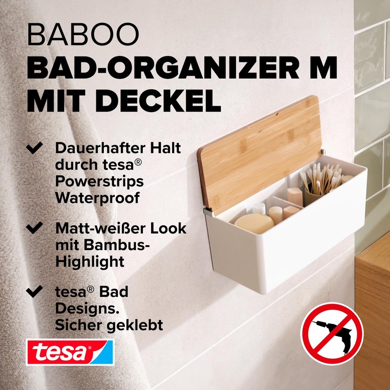 tesa Baboo Bathroom Organiser M with Bamboo Lid, Matt White