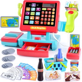 PLAY Kids Cash Register Toy Supermarket with Register Pretend Play Calculator Register Toys with Scanner/Microphone/Credit Card/Conveyors/Cans/Drink/Play Money, Cash Register for Kids Ages 3+