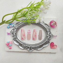 Press on Nails Long Coffin Fake Nails White French Tip Nails Press ons Glossy Glue on Nails Glitter False Nails with Pink Heart Designs Nude Stick on Nails for Women 24Pcs