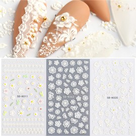 Vnicesli Flower Nail Art Sticker Decals 5D Hollow White Flower Leaf Lace Embossed Carving Design Nail Stickers Self-Adhesive Nail Decals Nail Art Decoration, 3 Sheet