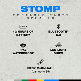 Skullcandy Stomp Party Bluetooth Speaker – IPX7 Waterproof Wireless Portable Speaker, with LED Lightshow & Strobe Modes, 12 Hour Battery, Multi-Link