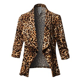 Stretch 3/4 Gathered Sleeve Open Blazer Jacket Animal Brown2 S