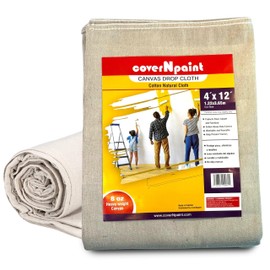 Canvas Drop Cloth by coverNpaint 4x12 (1.22X3.65 M Cut Size) Pack of 1 Reusable Paint Drop Cloth, 100% Cotton, All Purpose Painters Canvas Drop Cloth, Cover for Painter Furniture & Floor Protection
