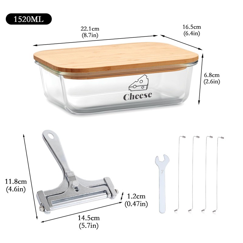 Yomjarl Cheese Container for Refrigerator,Glass cheese slice holder with Wooden