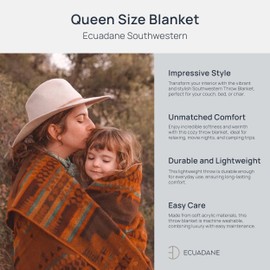 Ecuadane Southwestern Throw Blanket for Couch, Sofa, Bed, Soft, Plush, Cozy, Warm, Lightweight, Boho, Bohemian, Western Style (Andes Mountain, Queen 93x82 inches)