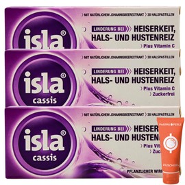 Isla Cassis 3 x 30 Throat Lozenges, Relief from Hoarseness, Throat and Cough Stimulation, Lozenges, Plus Vitamin C, Currant Extract, Plant-Based, Economy Set Plus Pharma Perle Give-Away