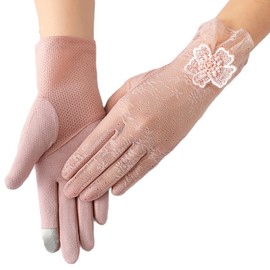 SUNTRADE Women Summer Non-slip Touchscreen Lace Gloves, UV Protection Glove for Driving Wedding Parties, Pink, One Size