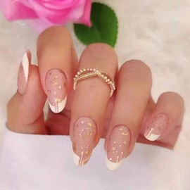 SINLOV False Almond Nails with Gold Leaf Nude Pink Glitter Oval False Nails 24 Pieces French Full Cover False Nails Acrylic Print on Nails for Women Girls