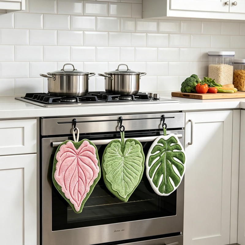 HJUHBDJ 3-Pack Leaf Shaped Hanging Kitchen Towels, Cute Coral Fleece
