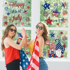 Whaline 6 Sheets Patriotic Window Clings Happy 4th of July USA Gnome Star Firework Reusable Window Decals for Independence Day Memorial Day Home Glass Party Decor