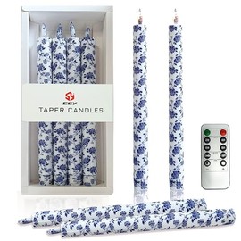 10 Inch Flameless Taper Candles Blue Flower,LED Candlesticks Battery Operated with 10-Key Remote and Timer,3D Flickering Flame Lights for Wedding Decoration Party