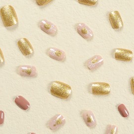 Christmas Press on Nails Short Square Winter Petite Fake Nails Gold Glitter Full Cover Xmas Bell Tree False Nails with Designs Glossy Glue on Nails Acrylic Manicure Artificial Nails for Women Girls