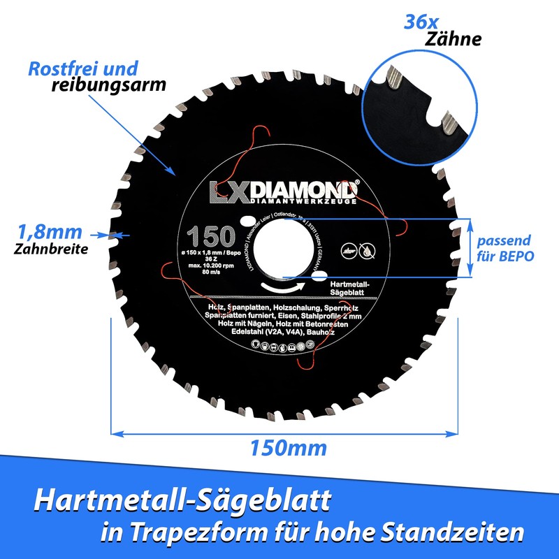 LXDIAMOND Carbide Saw Blade 150 mm for Wood, Metal, Steel