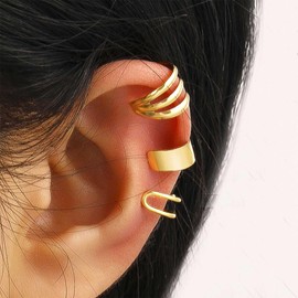 Xmsrn Vintage Circle Hoop Ear Cuff Earrings Gold Hoop Cuff Earrings C-Shape Ear Climber Earrings Hollow Circle Ear Cartilage Cuff Earrings Set Jewelry for Women and Girls (Gold)