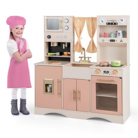 Costzon Kids Kitchen Playset, Wooden Pretend Play Kitchen with Ice Maker, Coffee Maker, Microwave, Oven, Stoves, Kids Kitchen Set w/Curtains, Toy Kitchen for Toddler Ages 3+ (Pink)
