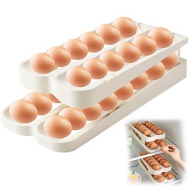 Egg Holder for Refrigerator, 2 Layers Automatic Rolling Egg Container, Fridge Organiser Eggs, Stackable Egg Organiser for Storage of Eggs, Saves Space (2 Rows and 2 Tiers)