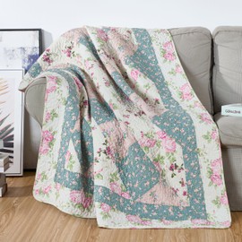 Chezmoi Collection Gayle 1-Piece Cotton Patchwork Quilted Throw - Vintage Washed Floral, Soft Breathable Reversible Quilt for All Seasons. Throw Blanket