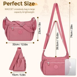 WACCET Women's Large Shoulder Bag, Waterproof Nylon Crossbody Bag with Adjustable Wide Shoulder Strap, Women's Handbag with Many Compartments, Lightweight Shoulder Bag for Travel, Work, pink