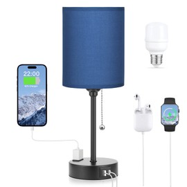 Blue Table Lamps 3 Color Temperatures - 3000K 4000K 5000K Bedside Lamps with USB C and A Ports, Pull Chain Lamps for Bedrooms with AC Outlet, Nightstand Lamps with Black Metal Base for Kids Boys