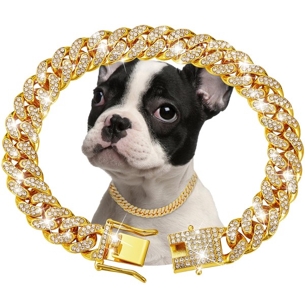 Gold Dog Chain Collar Diamond Cuban Link Dog Collar 13mm