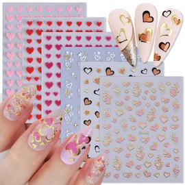 KTAABTR 6 Sheets Valentines Day Nail Art Stickers 3D Heart Self Adhesive Nail Decals Gold White Pink Red Heart Nail Design Stickers for Women DIY Manicure Tips Valentines Nail Stickers Decoration