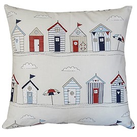 Beach Hut Print Cushion Cover. 17x17 inch Square Decorative Scatter Pillow. Cute Seaside Design in Nautical Red & Blue. Cover Only.