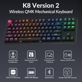 Keychron K8 Version 2 TKL Wireless Mechanical Keyboard, QMK/Launcher Bluetooth 5.2/Wired, RGB Backlit Shine-Through PBT Keycaps, Super Brown Switch, Aluminum Frame for Mac Windows Linux