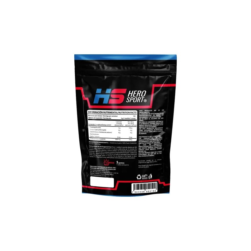 Glutamina Polvo 650 Gr 130 Servicios, Sin Sabor Hero Sport