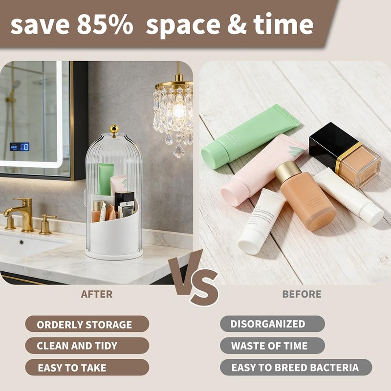 Rotating Toothbrush Holder with Sliding Dustproof Cover, 3-Slot Countertop Bathroom