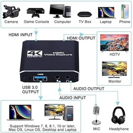Capture Card, Audio Video Capture Card with Microphone 4K HDMI Loop-Out, 1080p 60fps Video Recorder for Gaming/Live Streaming/Video Conference