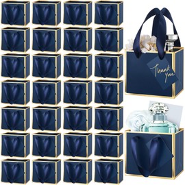 Yeaqee 50 Pcs Mini Gift Bags with Handles Small Gift Bags Metallic Foil Paper 4x4.75x2.25'' Extra Small Thank You Gift Bags Bulk with Tag for Birthday Wedding Fall Party(Navy Blue, Gold)