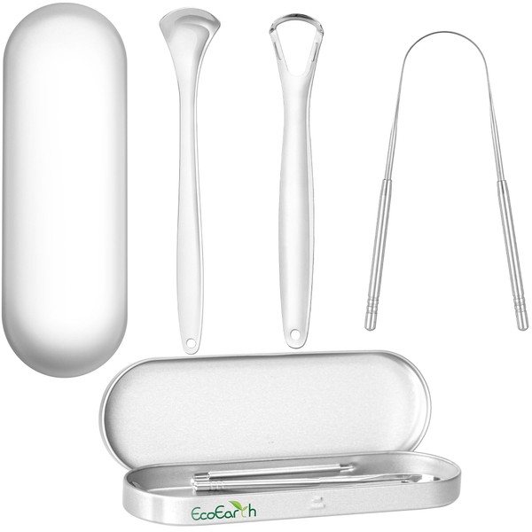 Set of 3 Tongue Scrapers for Adults, Tough Metal Tongue Cleaner w/Storage Case, Stainless Steel Tongue Scrubber for Fresh Breath & Oral Hygiene by EcoEarth
