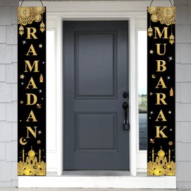 Eid Mubarak Banner, Eid Mubarak Decorations Porch Sign, Black Gold Eid Mubarak Background Banner for Front Door Garden Indoor Outdoor Islamic Celebrations Muslim Party Decoration